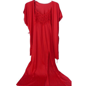Vtg Lady Cameo Red Lace Nightgown w/Short Robe LARGE 2pc Set Peignoir Coquette